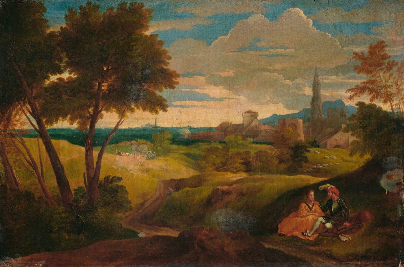 Unbekannt - Abendlandschaft mit Figurenpaar, undatiert, undatiert